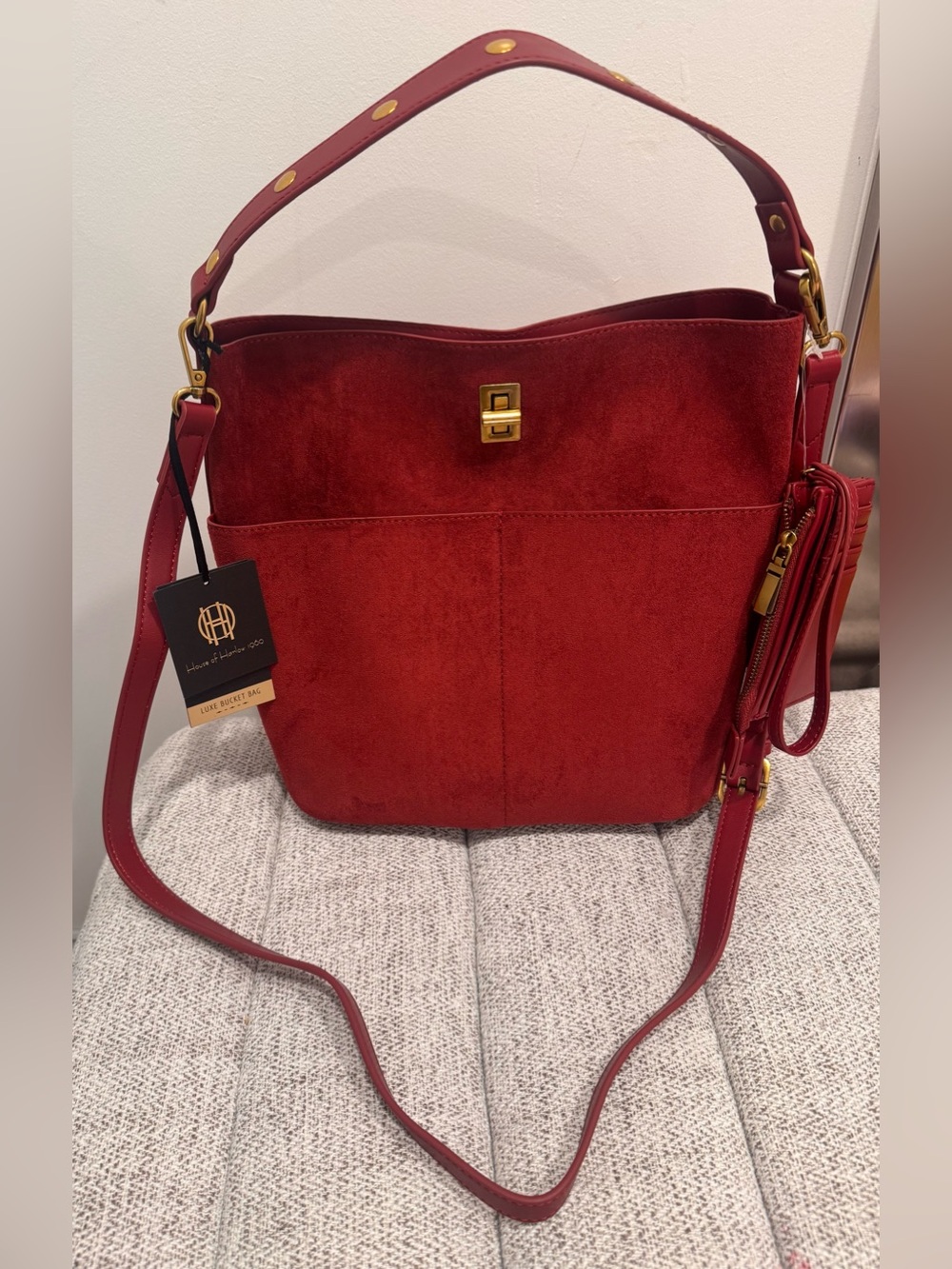 Red Suede Bucket Bag with Gold Hardware